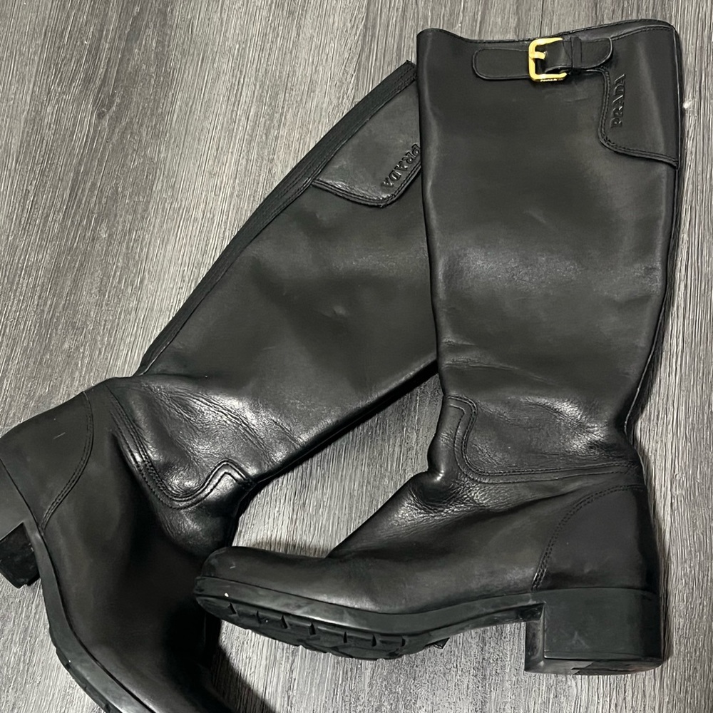 Prada Black Ankle Boots with Gold Buckle